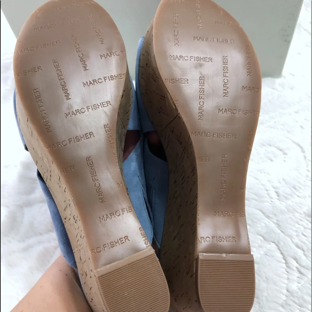 Marc Fisher Suede Slingback Wedge Sandals Size 7.5 Cross Band Open Toe Blue BNIB